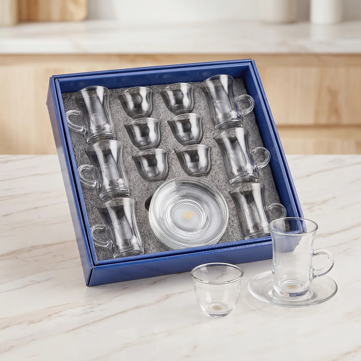Crystal House 18-Piece Glass Tea & Coffee Set | 6 Tea Cups, 6 Saucers & 6 Arabic Coffee Cups | Clear Glassware in Fitted Box