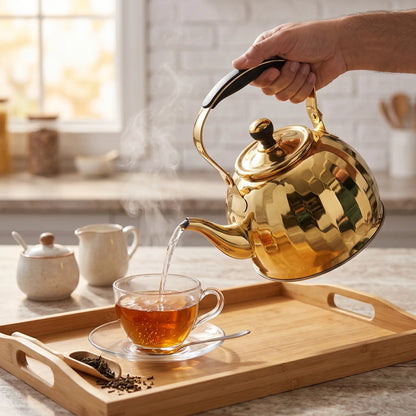 VICALINA 18/10 Stainless Steel Gold Kettle 2 Liters – Reflective Finish, Curved Spout, Fitted Lid, Loop Handle for Tea & Hot Water