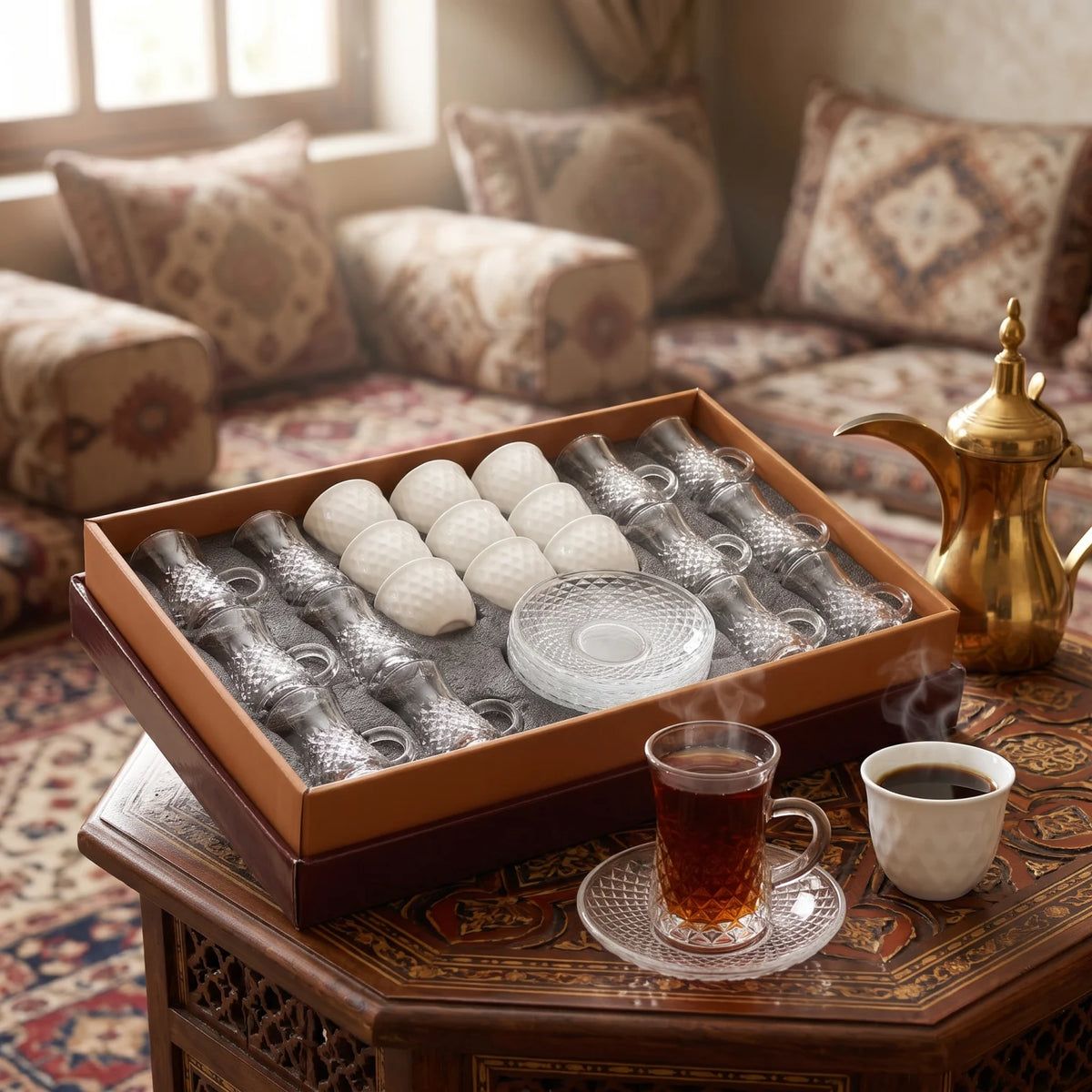 36-Piece Cups and Saucers Set – 12 Clear Glass Tea Cups, 12 Fine Porcelain Arabic Coffee Cups & 12 Textured Glass Saucers