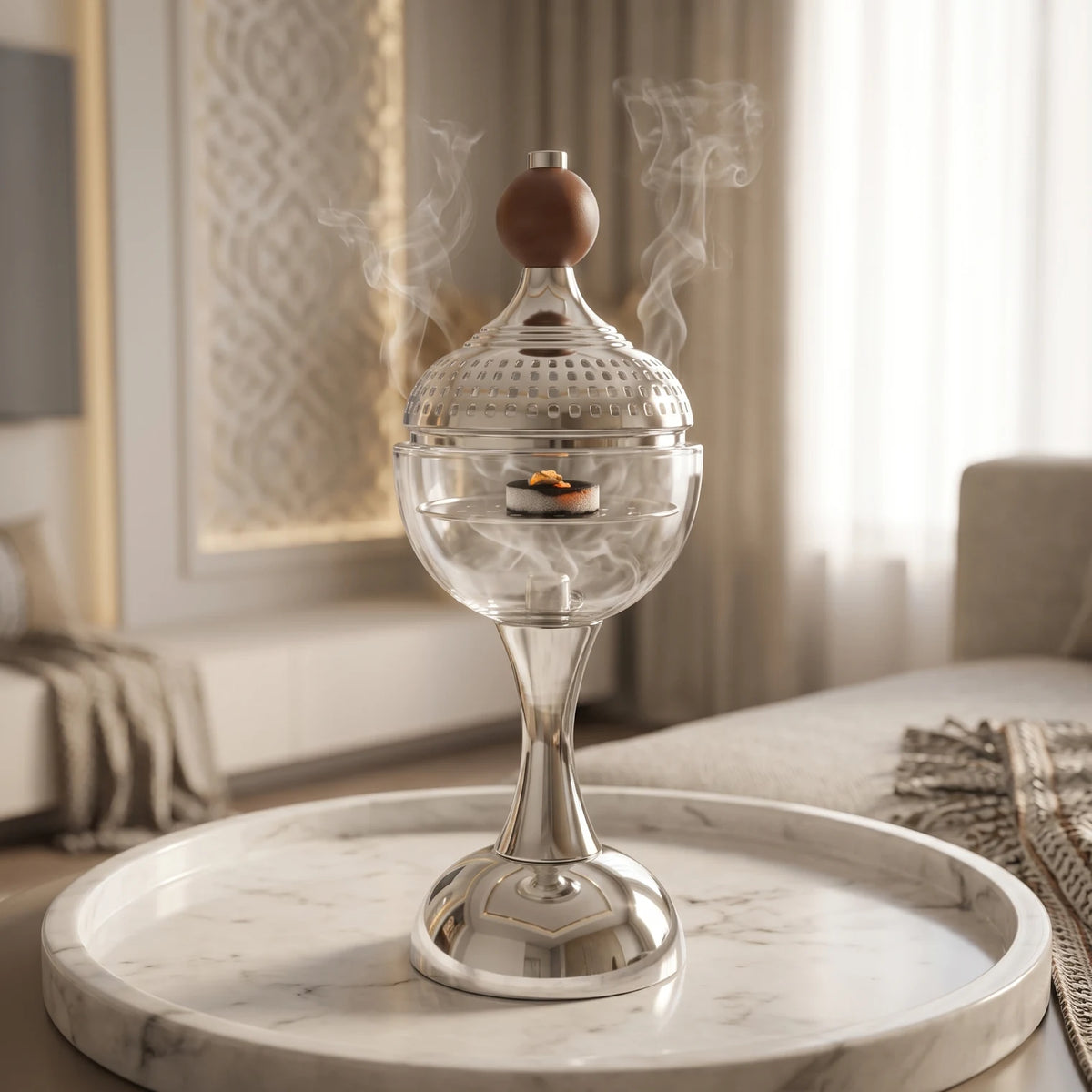 Incense burning holder – 30 CM Height, 12 CM Width | Silver Chrome Incense Burner with Clear Glass Body and Removable Perforated Dome Lid