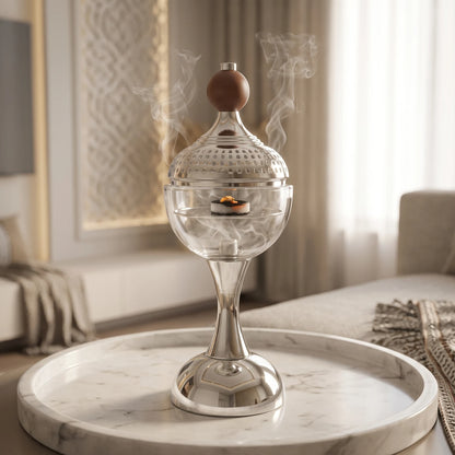 Incense burning holder – 30 CM Height, 12 CM Width | Silver Chrome Incense Burner with Clear Glass Body and Removable Perforated Dome Lid