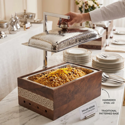 Dallah Addar Luxury Rectangular Wooden and Steel Chafing Dish – 48 x 24 x 39cm | Decorative Serving Piece with Ornamental Detail