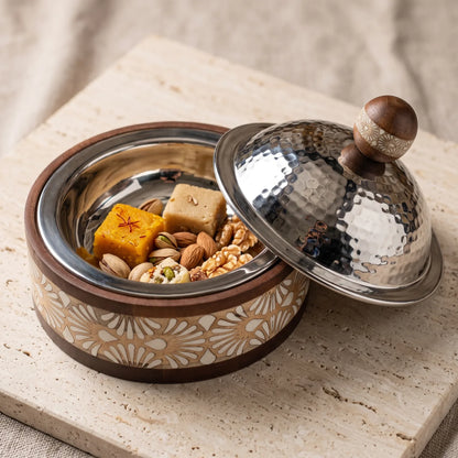 Dallah Addar Wooden and Steel Serving Pot with Lid, 15 x 18 x 18 cm | Halwa, Sweets, Candy and Nuts Serving Container
