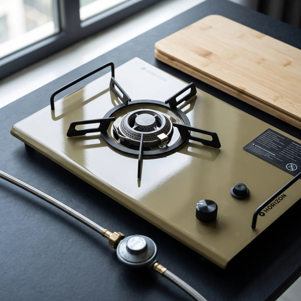 HORIZON 1 IGT STOVE + 1 IGT TABLE – Gas Cooktop Set with Multiple Burners, Black Grates, Control Knobs, Gas Connection and Wood-Grain Surface