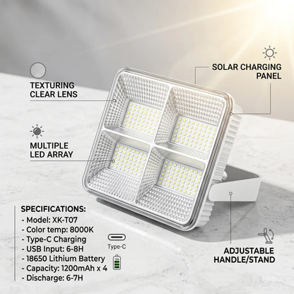XKJ Solar camping light (XK-T07) – LED Floodlight, Silver and White, Textured Lens, 15 x 14 x 16 cm for Camping