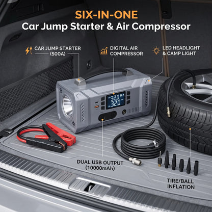 SIX-IN-ONE Car Jump Starter & Air Compressor – Digital Display, PSI/BAR Controls, Hose and Nozzle, 13 x 12 x 25 cm