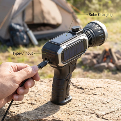 High mountain tiger Multifunctional Flashlight – 14 cm Height x 6 cm Width x 19 cm Length | Rechargeable, Solar & Type-C Charging, Front Beam and Side Light Panel