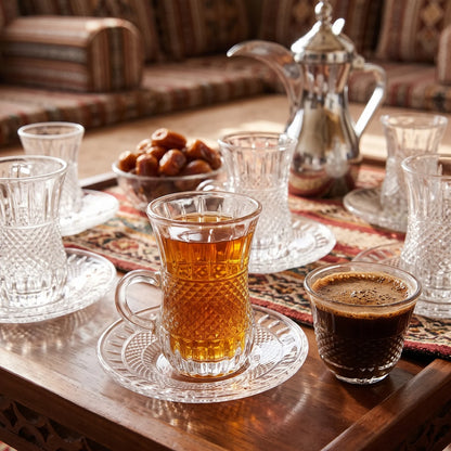 Happy ware 36 Pieces Tea and Coffee Set – 12 Glass Tea Cups, 12 Arabic Coffee Cups & 12 Glass Saucers