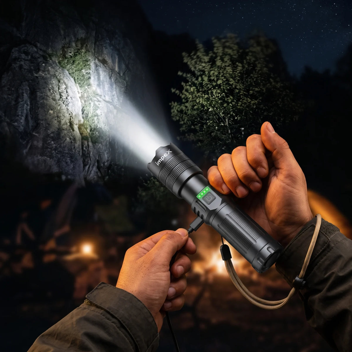 Impex Rechargeable LED Flash Light (HUNTER Z4) – Black and Gray Handheld Torch with Textured Grip, Wrist Lanyard and Control Buttons