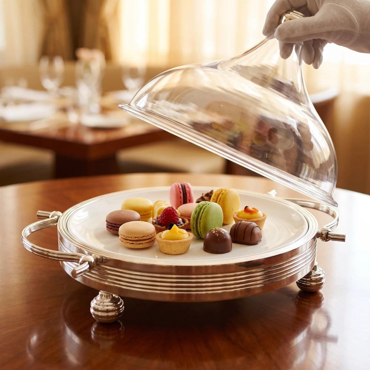 Ansa Premium Silver Serving Tray with Domed Acrylic Cover – Small & Medium Sizes | Raised Dessert Stand for Cakes, Fruits, Sweets and Chocolates - Silver / Small - Image 4