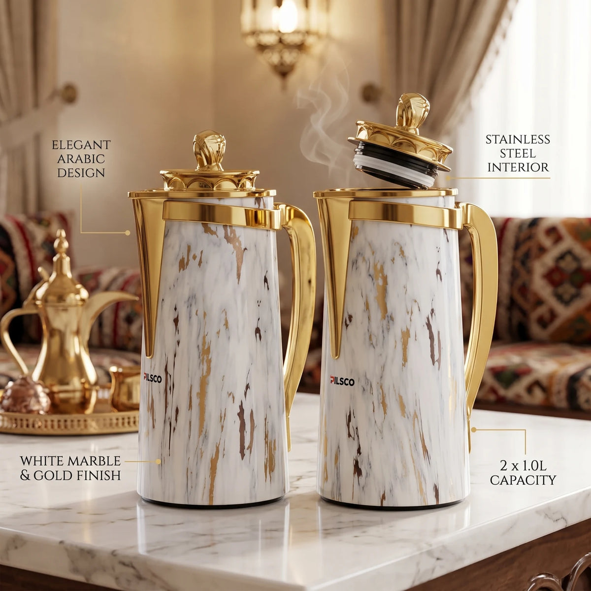 Pilsco 2-Piece White Marble Gold Delux Vacuum Flask Set – 1L Each | Arabic Design | Stainless Steel | Leak-Proof Tea & Coffee Flasks