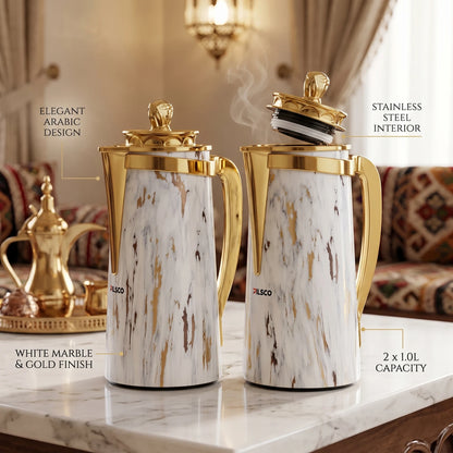 Pilsco 2-Piece White Marble Gold Delux Vacuum Flask Set – 1L Each | Arabic Design | Stainless Steel | Leak-Proof Tea & Coffee Flasks