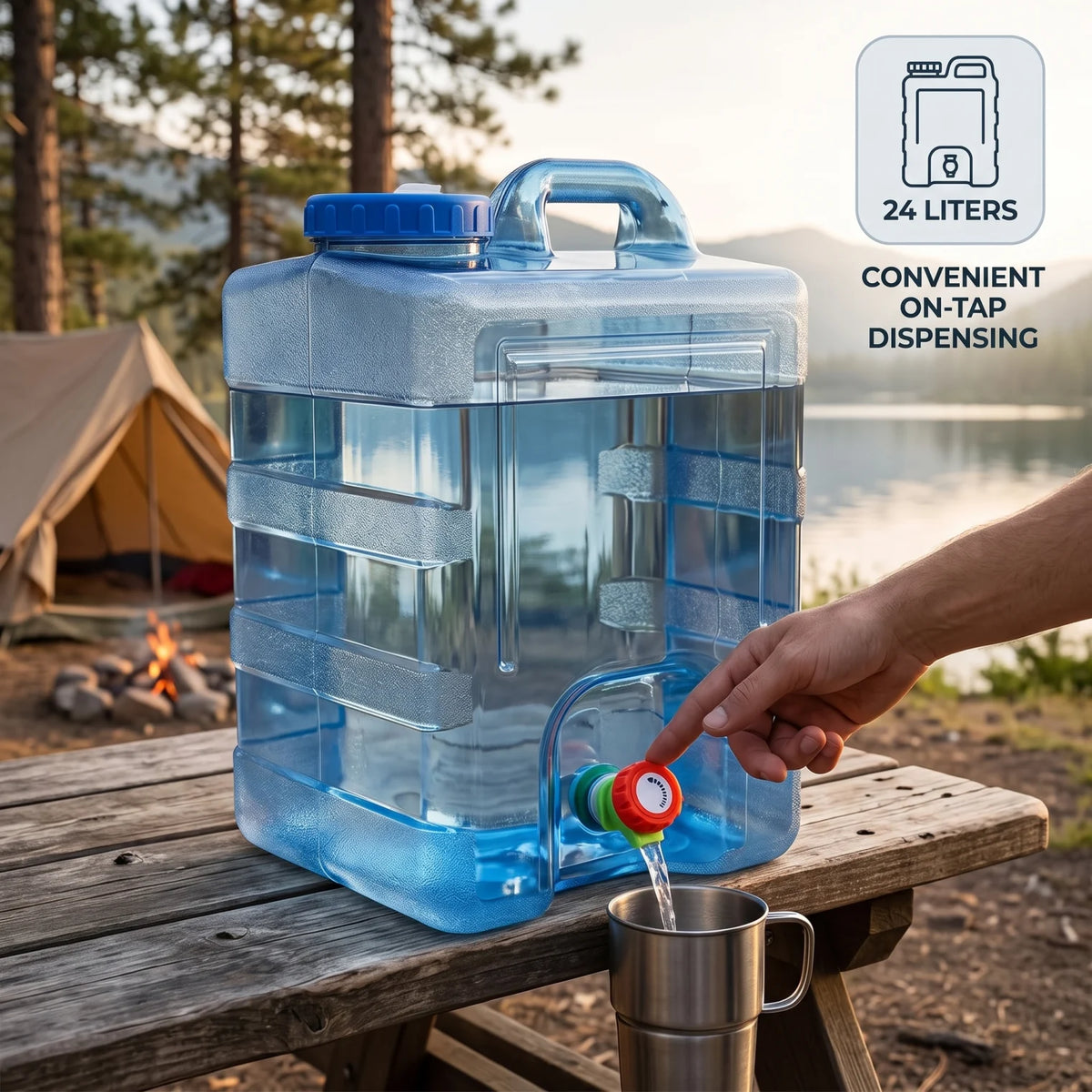 Portable Camping Water Container with Tap – 20 Liters or 24 Liters Blue Plastic Jerry Can with Carry Handle and Screw-On Lid - 24 Liters - Image 4