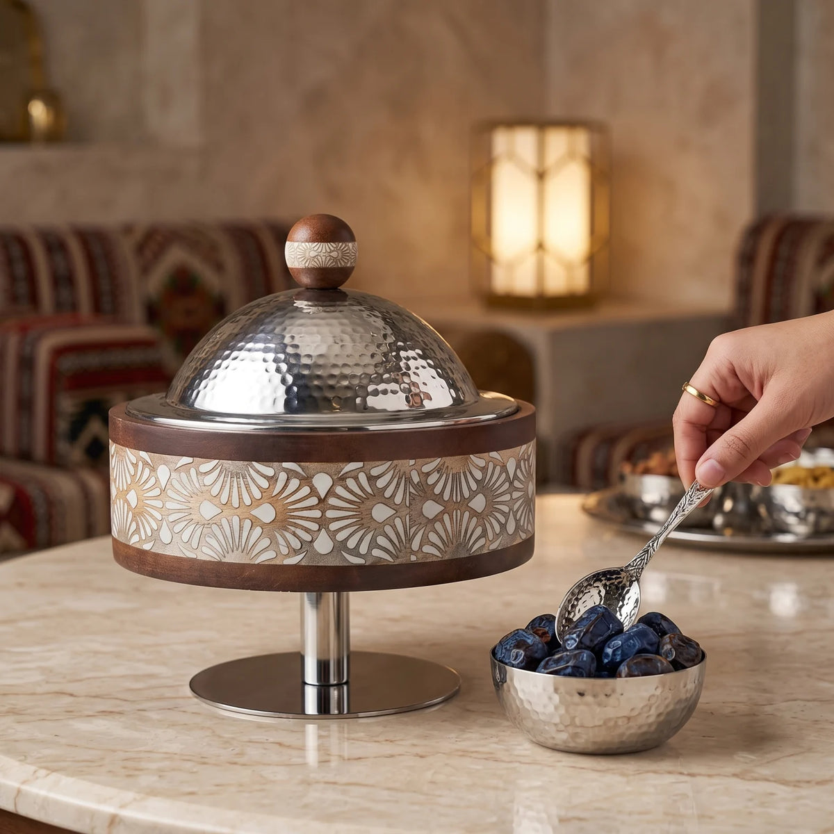 Dallah Addar Wooden and Steel Serving Pot with Stand – 26cm Height, 22cm Width, Ornate Lidded Design for Serving and Display