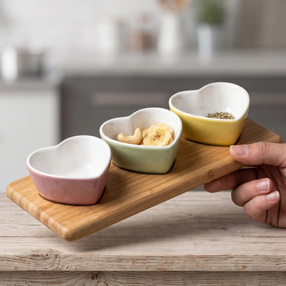 4-Piece Heart-Shaped Ceramic Bowl Set with Wooden Tray – Red, Green & Yellow Serving Bowls with Glossy White Interiors