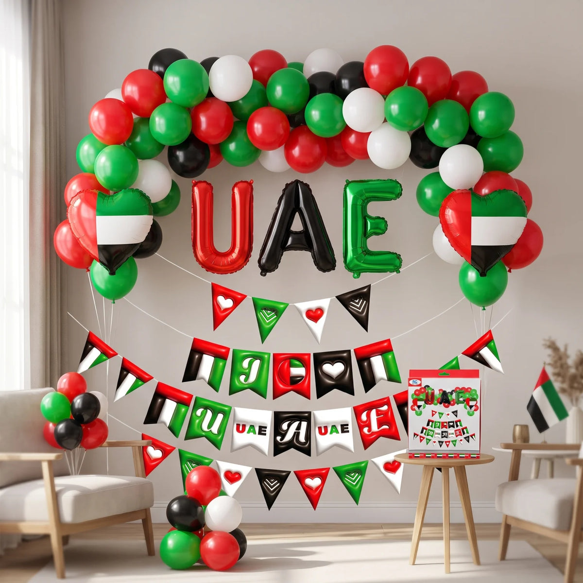 UAE national day baloon set – Red, Green, Black & White Balloons with UAE Letter Balloons and Flag Bunting