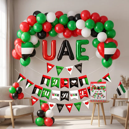 UAE national day baloon set – Red, Green, Black & White Balloons with UAE Letter Balloons and Flag Bunting