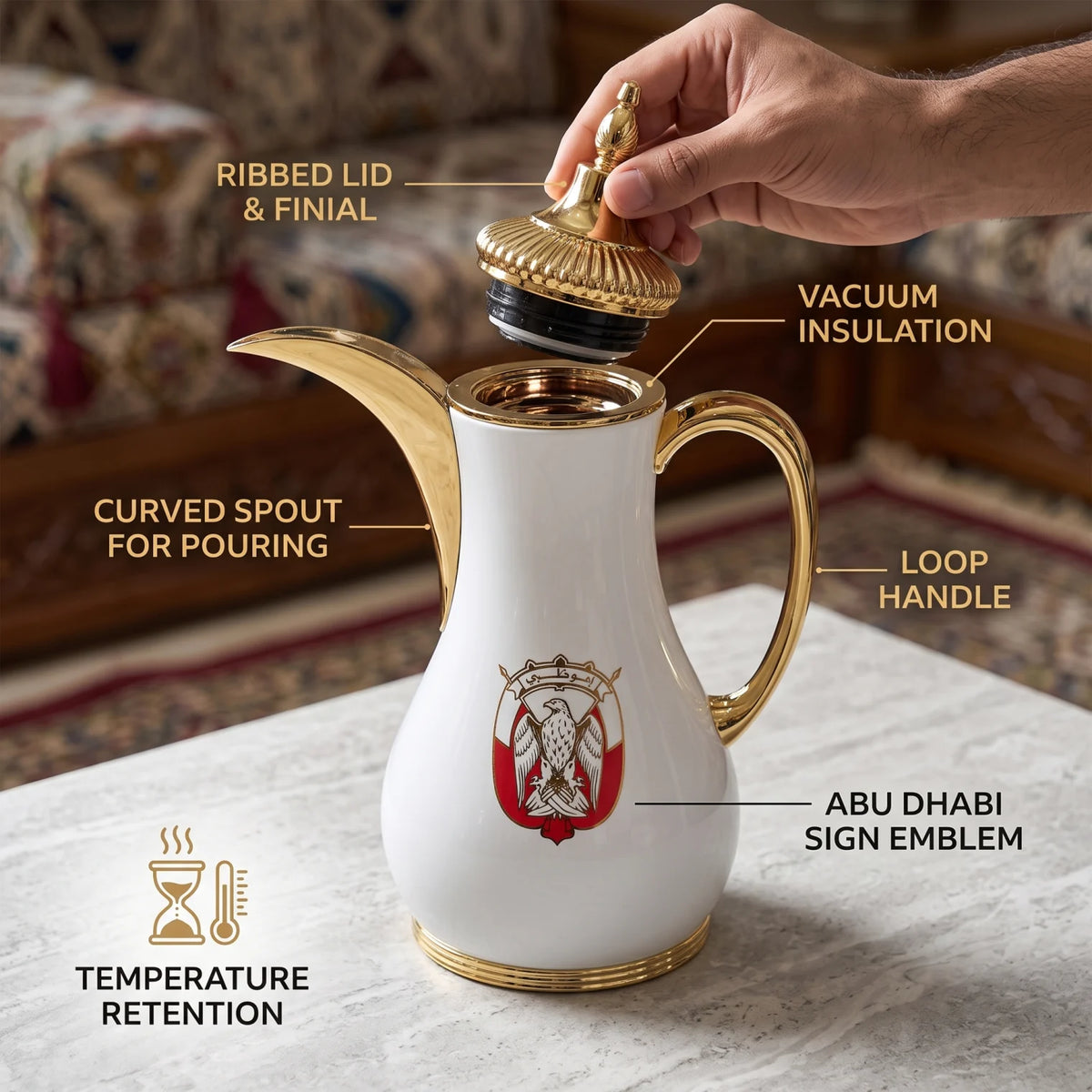 NGT Abu Dhabi Sign Vacuum Flask for Arabic Coffee 1 Liter – White and Gold Decorative Dallah Design with Curved Spout and Ribbed Lid