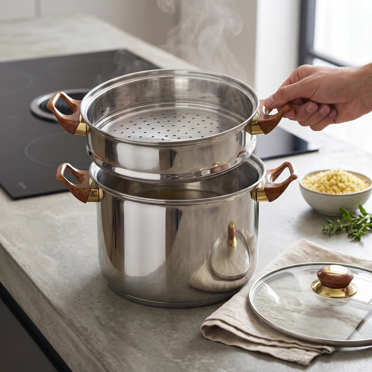 HTH 6 liters Steam Pot – Multi-Level Couscous Steamer with Glass Lid, Stacked Cooking Sections and Side Handles for Couscous Preparation