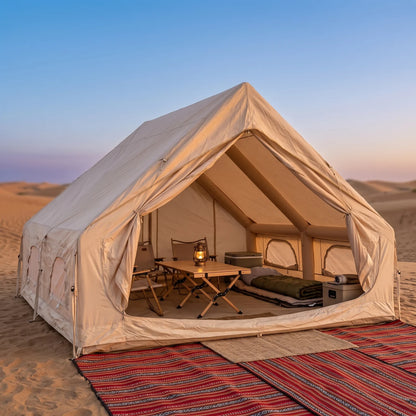 Large Beige Inflatable Camping Tent – 200 x 210 x 300 cm | Peaked Roof, Zippered Doorway, Multiple Window Panels | Outdoor Inflatable Shelter