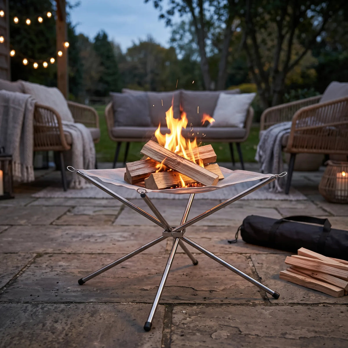 Stainless Steel Mesh Burner – Portable Folding Outdoor Fire Pit | Silver Small & Medium | Four-Leg Stand, Mesh Fire Net and Storage Bag - Silver / Small - Image 4