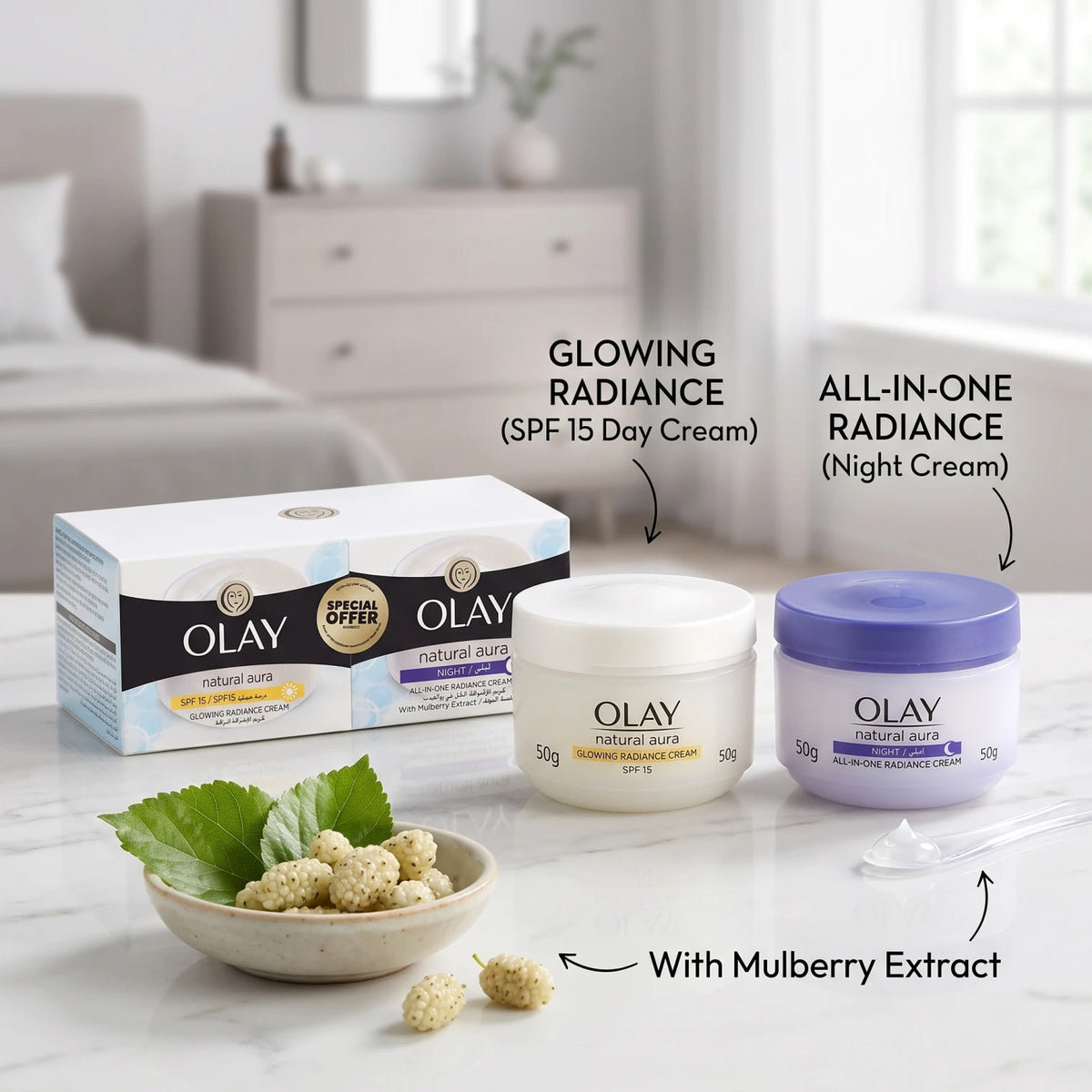 OLAY Natural Aura Morning and Night Cream 50g 2 Pack – Glowing Radiance Day Cream SPF 15, All-in-One Radiance Night Cream