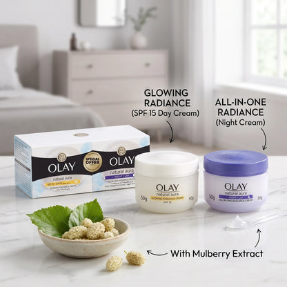 OLAY Natural Aura Morning and Night Cream 50g 2 Pack – Glowing Radiance Day Cream SPF 15, All-in-One Radiance Night Cream