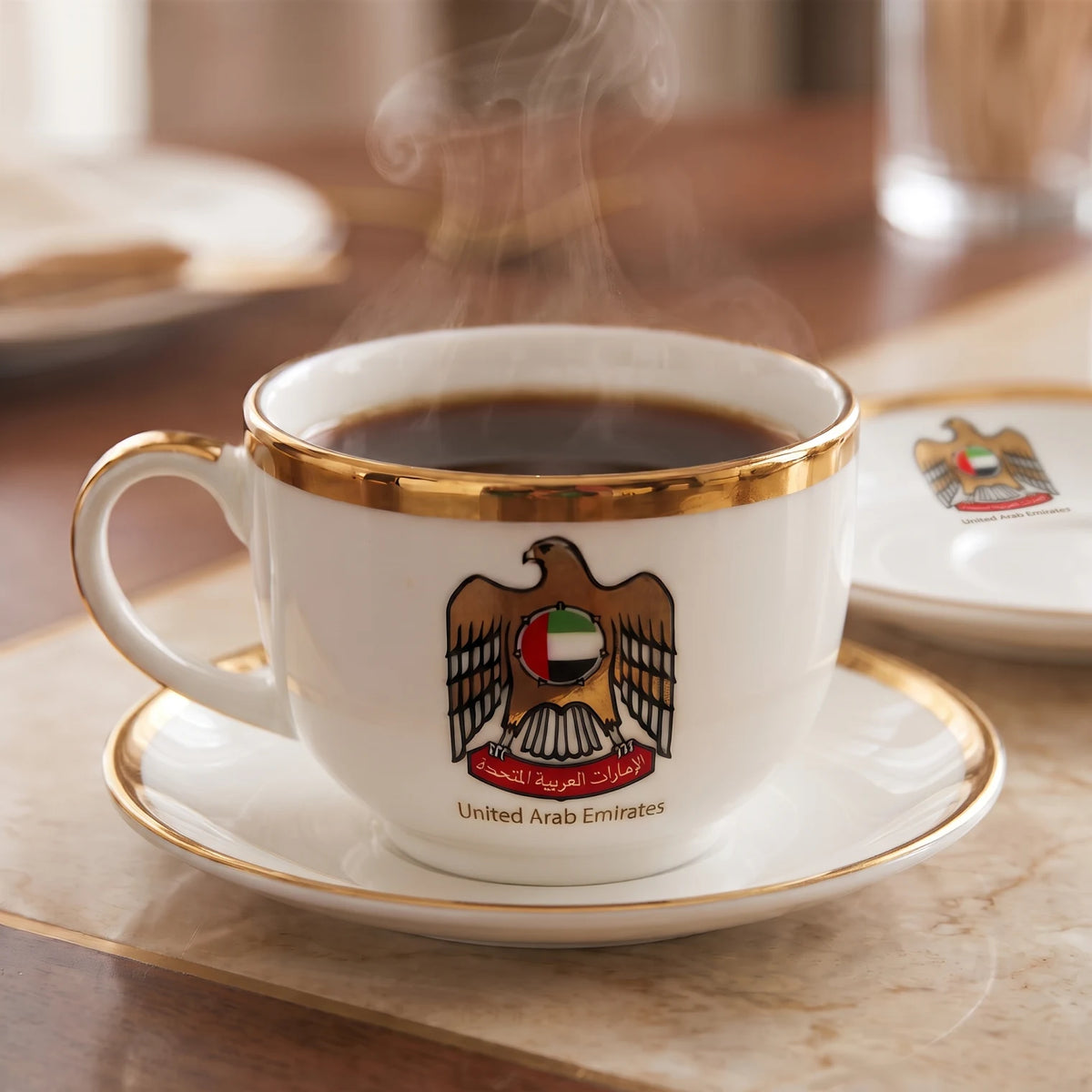 HAFIT Ceramic 12-Piece Cups and Saucers Set – 6 Cups & 6 Saucers | White Glossy Finish with Gold Trim, UAE Emblem, Presentation Box