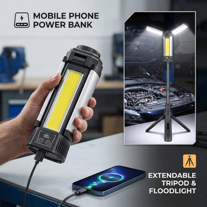 Super Bright Work Light – P50 LED + 3*COB | Rechargeable LED Floodlight, Multiple Light Panels, Mobile Phone Power Bank, Black and Silver