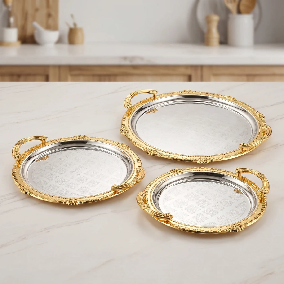 Ripple 3-Piece Luxury Metal Serving Tray Set – Ornate Handles, Floral Pattern Centers, Decorative Raised Rims, Small to Large Sizes - Gold - Silver - Image 4