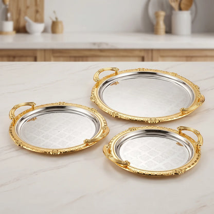 Ripple 3-Piece Luxury Metal Serving Tray Set – Ornate Handles, Floral Pattern Centers, Decorative Raised Rims, Small to Large Sizes - Gold - Silver - Image 4