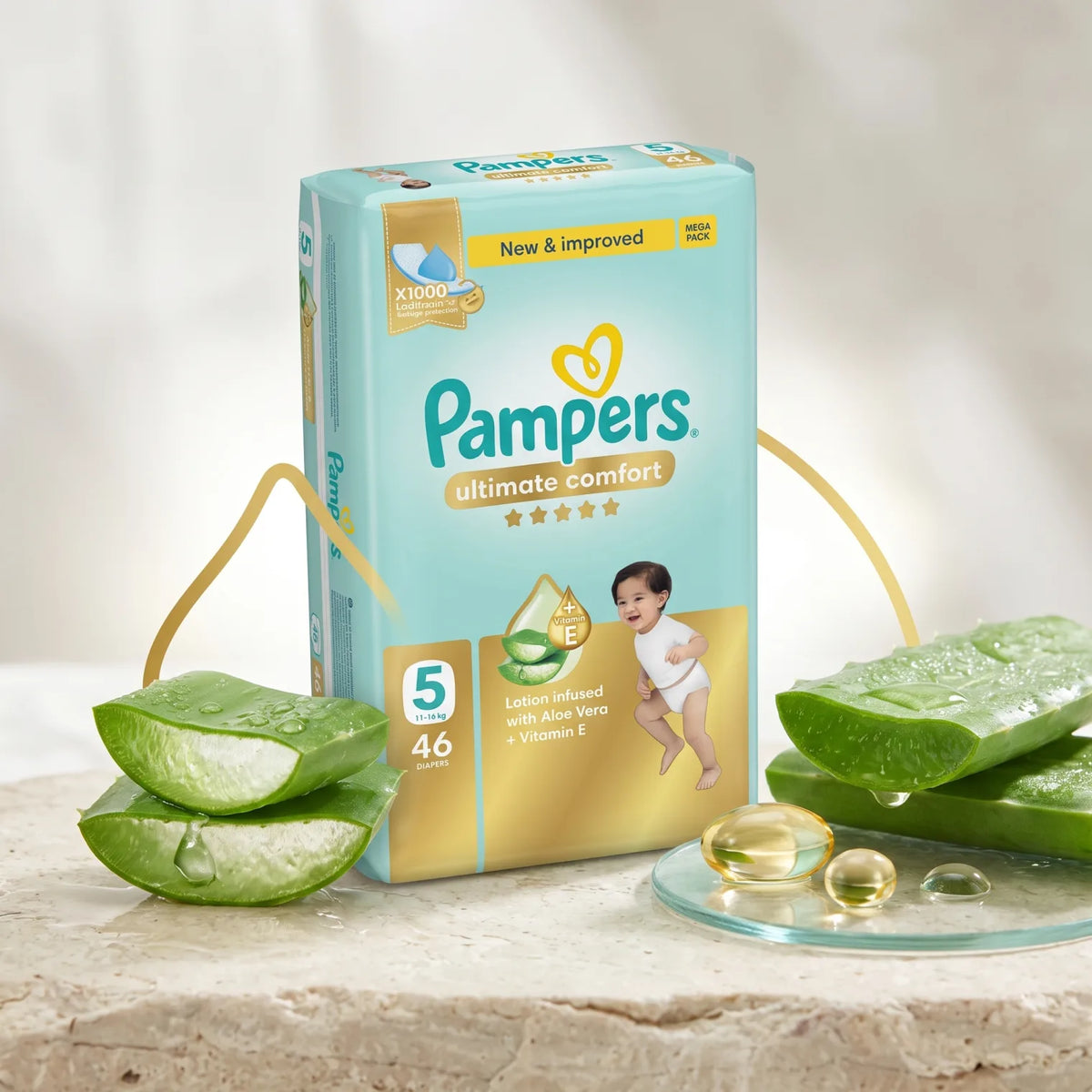 Pampers Ultimate Comfort Baby Disposable Diapers Size 5, 11–16 kg, 46 Diapers | Aloe Vera & Vitamin E Lotion | X1000 LeakLocks | MEGA PACK