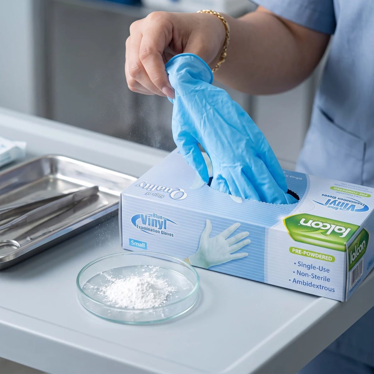Small/ Falcon Examination Gloves – Blue | Pre-Powdered | Single Use | Non-Sterile, Ambidextrous
