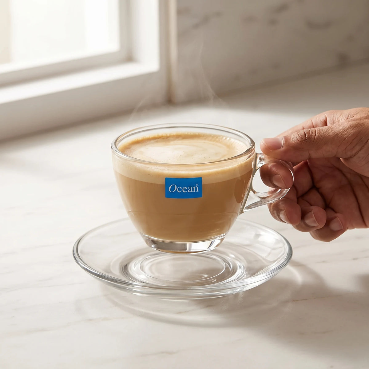 Ocean 3 Coffee Cups and Saucer Latte Set, 260 ML – Clear Glass Coffee Cups with Extra-Thick Design for Latte and Everyday Serving