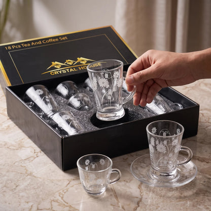 LITAIRE Crystal House 18-Piece Glass Tea & Arabic Coffee Set – 6 Tea Cups, 6 Saucers, 6 Coffee Cups with Floral Design and Presentation Box