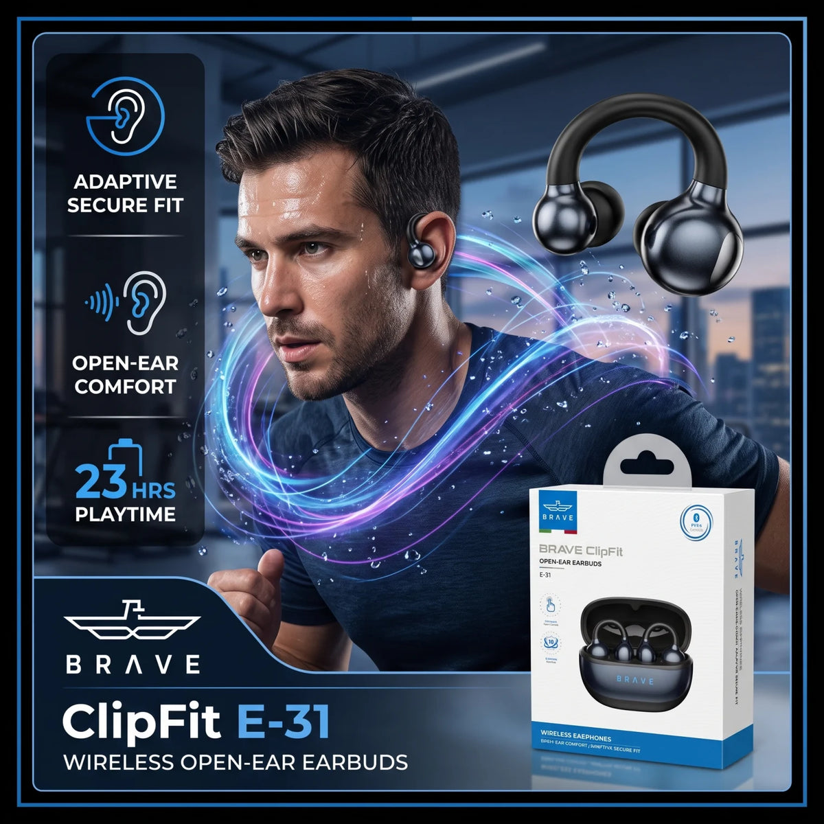 BRAVE ClipFit E-31 Wireless Open-Ear Earbuds – Black | Bluetooth 5.4 | Intelligent Touch Control | Adaptive Secure Fit Earphones