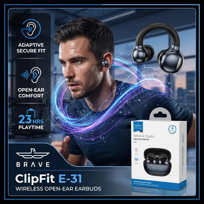 BRAVE ClipFit E-31 Wireless Open-Ear Earbuds – Black | Bluetooth 5.4 | Intelligent Touch Control | Adaptive Secure Fit Earphones