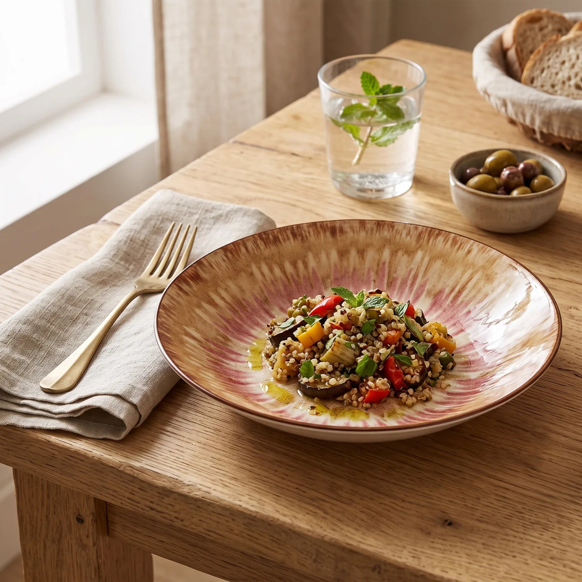 23 CM Porcelain Deep Plate – Beige and Reddish-Pink Radial Design, Glossy Finish, Dark Brown Rim, Round Shallow Serving Dish for Tableware