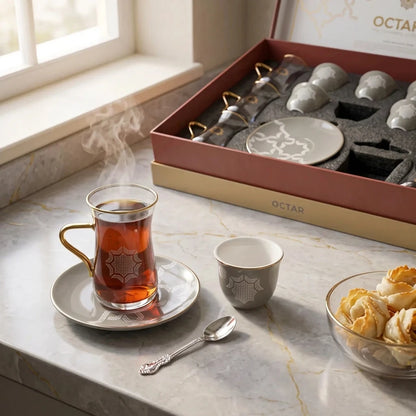 OTANTIK octane 19 pieces tea and coffee set – 6 Tea Glass Cups, 6 Arabic Coffee Glass Cups, Porcelain Saucers & Lidded Candy Jar