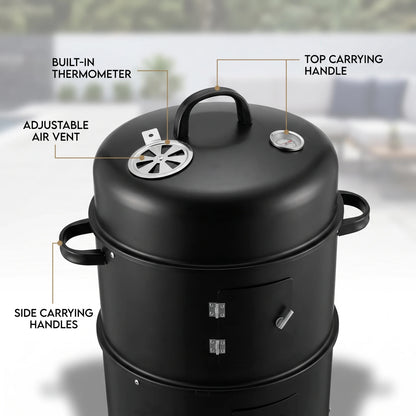 3-in-1 Vertical Charcoal Smoker Grill Black - Heavy Duty Portable Outdoor BBQ with Smoking Function, Built-in Thermometer, Air Vent & Domed Lid