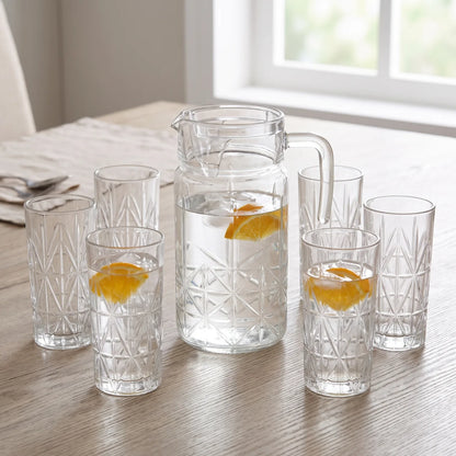 Happyware Drinkware Set – 1.8L Carafe with 6 x 360ml Glasses | Clear Geometric Pattern Water Jug and Glass Set, 7-Piece Serving Set