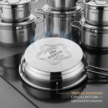 Alfa 15 Pieces Premium Stainless Steel Cookware Set – Induction Base, Silver Pots and Pans with 2.0–12L Capacities