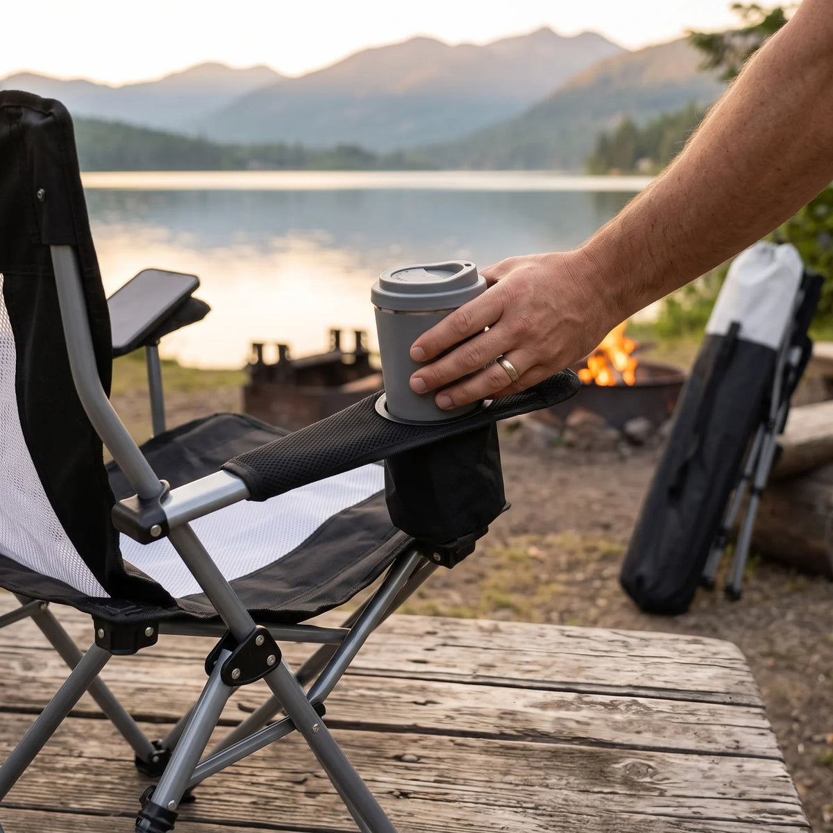 Portable Foldable Outdoor Camping Chair – 94 x 64 x 73 cm | Padded Armrests, Built-In Cup Holder | Folding Leisure Seat for Camping - Black-White - Image 5