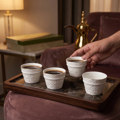 Dallah addar Arabic Moroccan bone china porcelain coffee cups 12 pieces set | White Glossy Cups with Gold Rim and Geometric Pattern