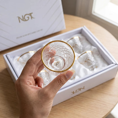 NGT 6 Pieces Glass Arabic Coffee Cups Set – Faceted Diamond Pattern, Gold-Colored Rim, Clear Glasses in Presentation Box