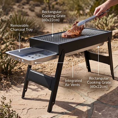 JIHAM Portable barbecue grill – Black Outdoor BBQ Grill with Rectangular Cooking Grate, Enclosed Body and Raised Legs for Outdoor Cooking