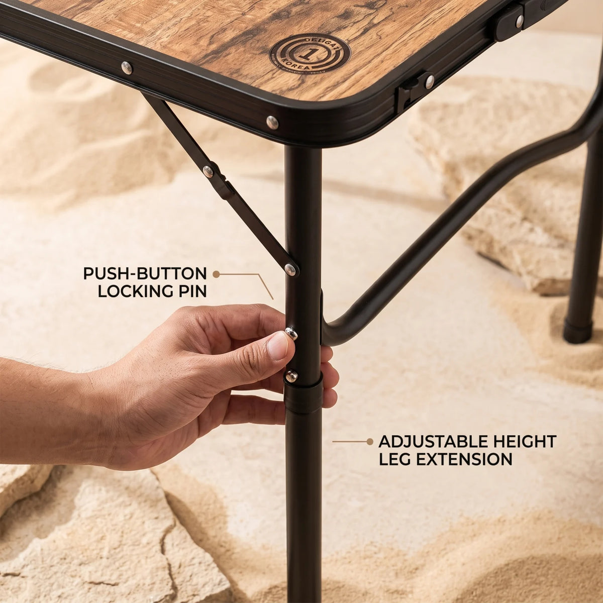 Omega 1 korea Lightweight Foldabe Camping Outdoor Table – Wood-Texture Section, Mesh Shelf, Folding Frame and Leg Extensions