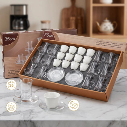 36-Piece Cups and Saucers Set – 12 Glass Cups, 12 Fine Porcelain Coffee Cups & 12 Glass Saucers for Tea and Coffee