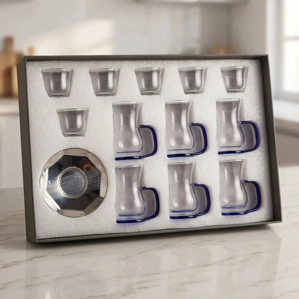 18-Piece Glass Tea & Coffee Set with Stainless Steel Saucers, Clear Cups, Dark Blue Accents & Serving Tray