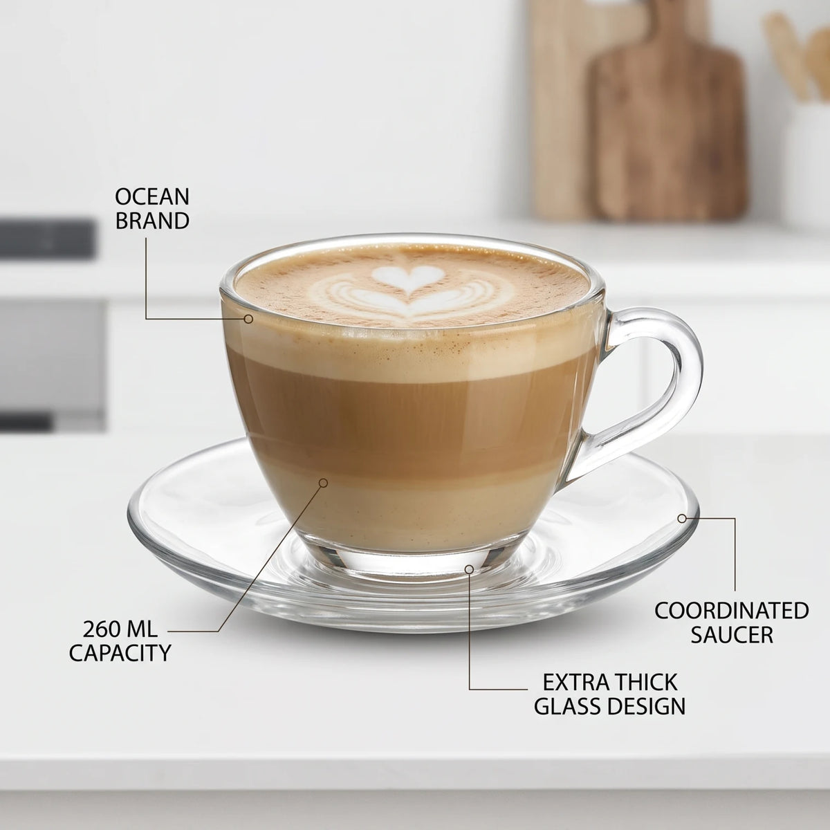Ocean 3 Coffee Cups and Saucer Latte Set, 260 ML – Clear Glass Coffee Cups with Extra-Thick Design for Latte and Everyday Serving